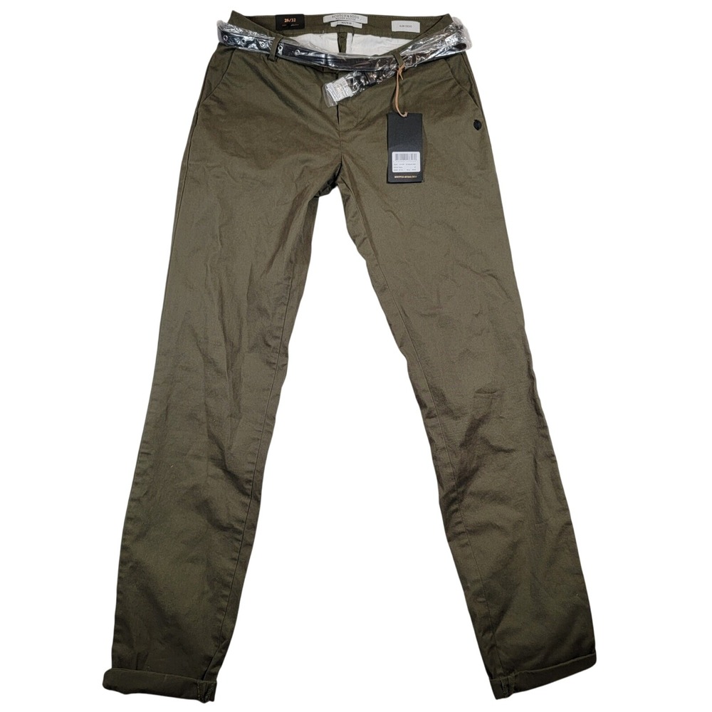 NWT Scotch & Soda Maison Scotch Slim Chino Womens Sz 26/32 Olive Belted Trousers